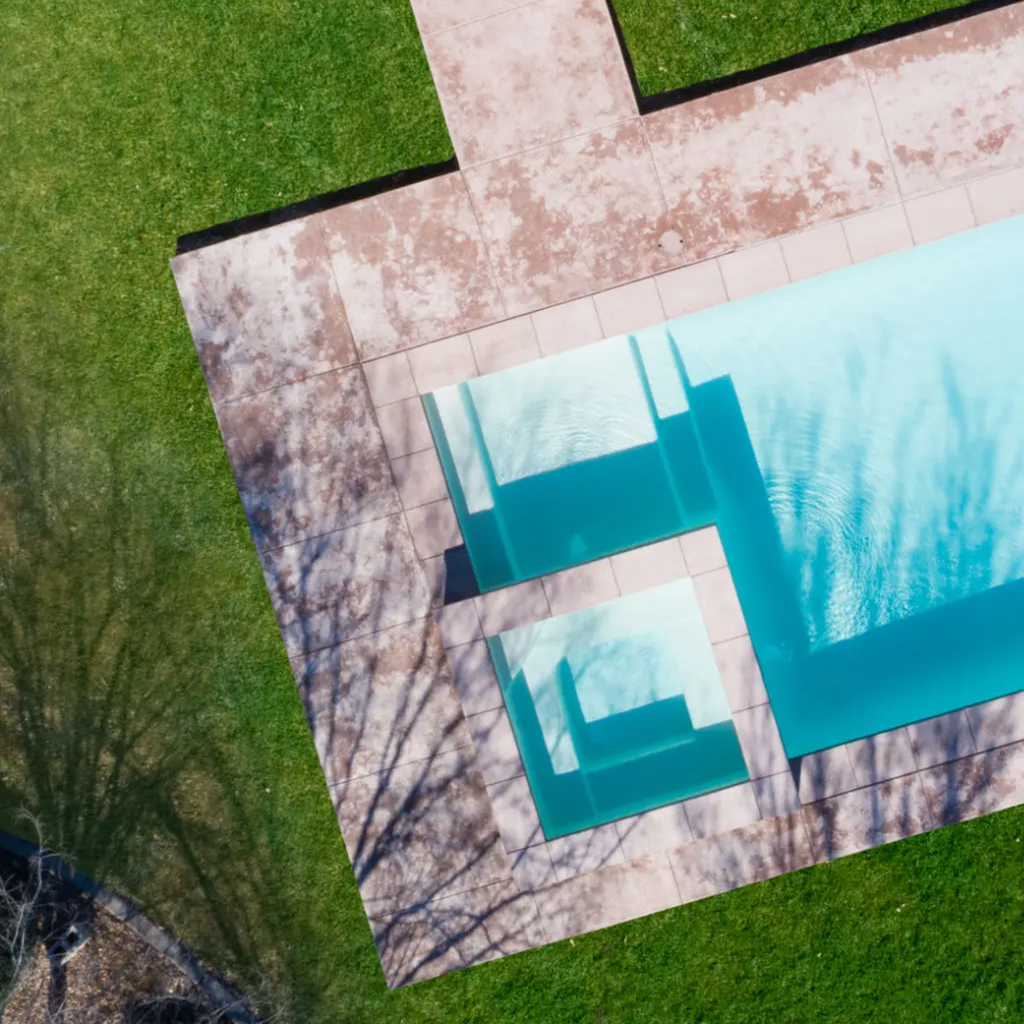 Aerial view of rectangular swimming pool.