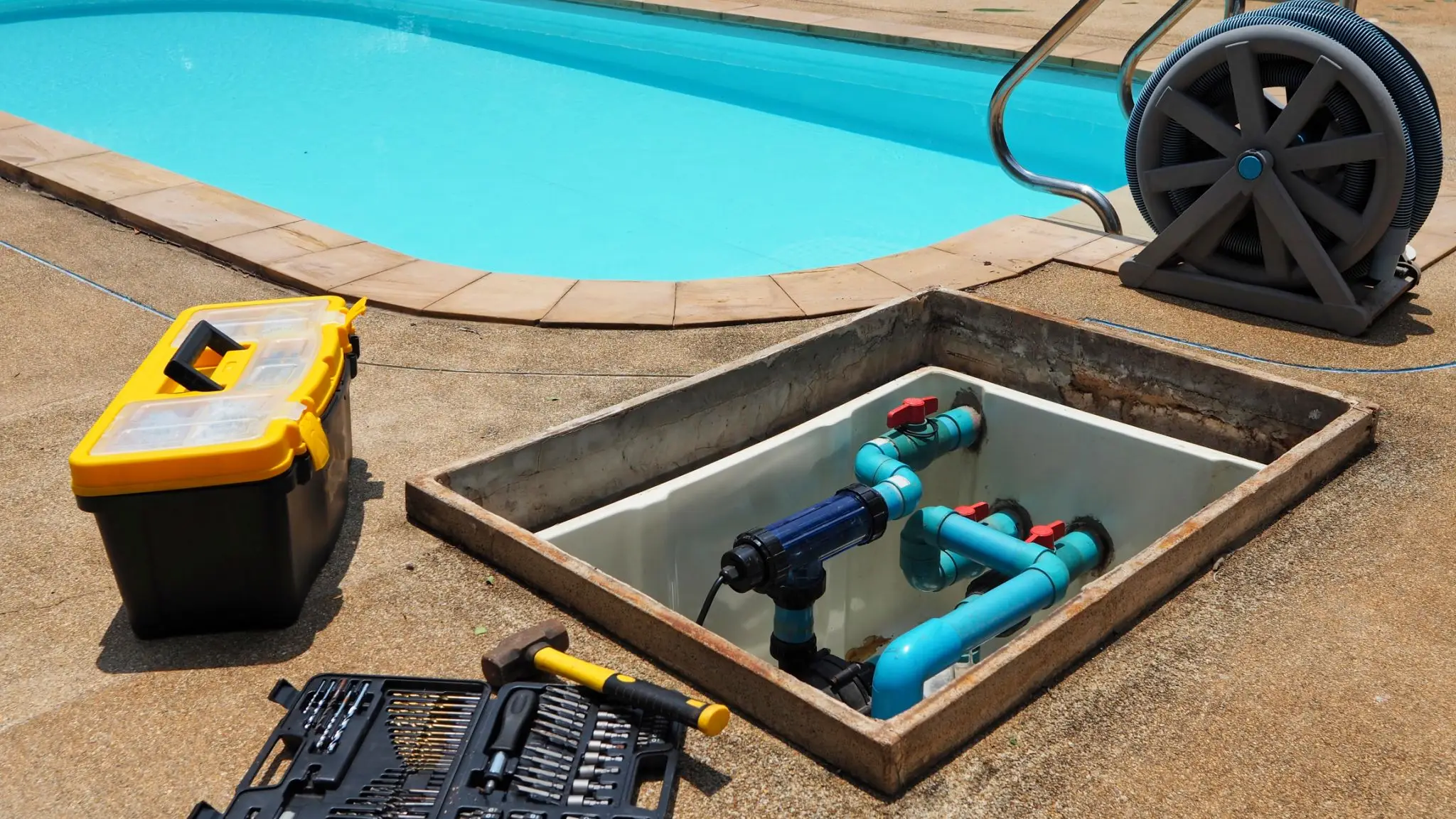 Swimming pool repair setup with toolbox